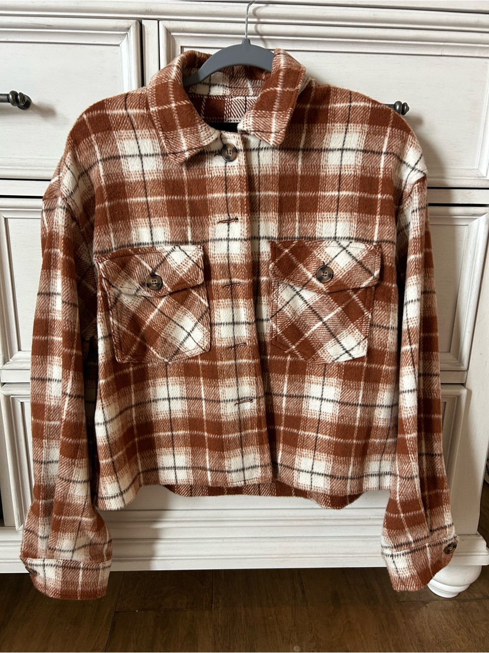 Love Tree Brown and Cream Plaid Utility Shacket
